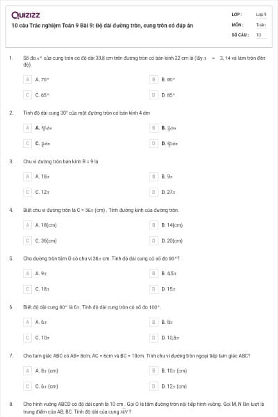 10 câu Trắc nghiệm Toán 9 Bài 9: Độ dài đường tròn, cung tròn có đáp án