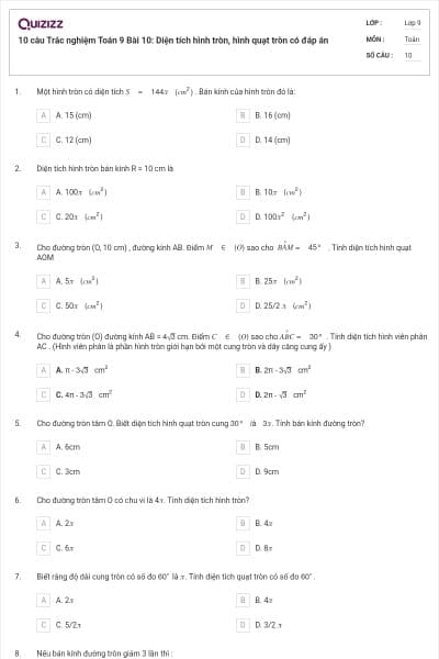 10 câu Trắc nghiệm Toán 9 Bài 10: Diện tích hình tròn, hình quạt tròn có đáp án