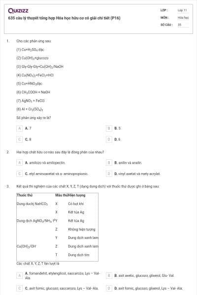 635 câu lý thuyết tổng hợp Hóa học hữu cơ có giải chi tiết (P16)