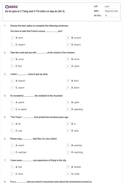 Đề thi giữa kì 2 Tiếng Anh 9 Thí điểm có đáp án (Đề 5)