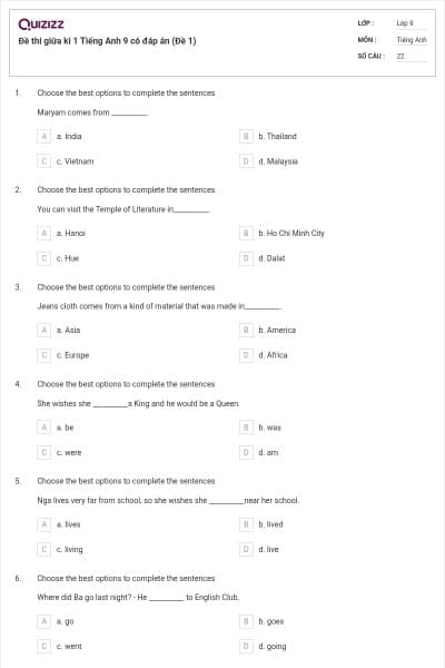 Đề thi giữa kì 1 Tiếng Anh 9 có đáp án (Đề 1)