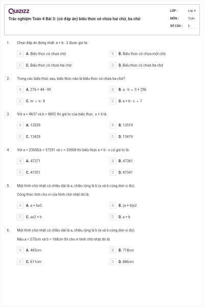 Trắc nghiệm Toán 4 Bài 3: (có đáp án) biểu thức có chứa hai chữ, ba chữ