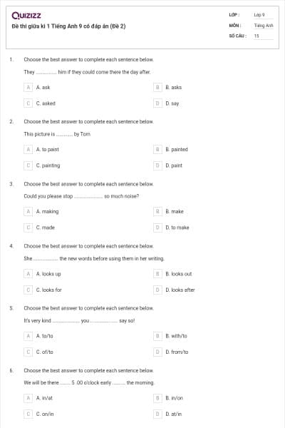 Đề thi giữa kì 1 Tiếng Anh 9 có đáp án (Đề 2)