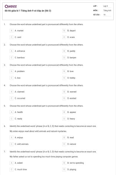 Đề thi giữa kì 1 Tiếng Anh 9 có đáp án (Đề 3)