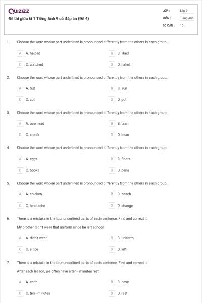 Đề thi giữa kì 1 Tiếng Anh 9 có đáp án (Đề 4)