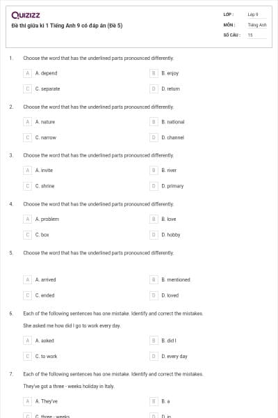 Đề thi giữa kì 1 Tiếng Anh 9 có đáp án (Đề 5)