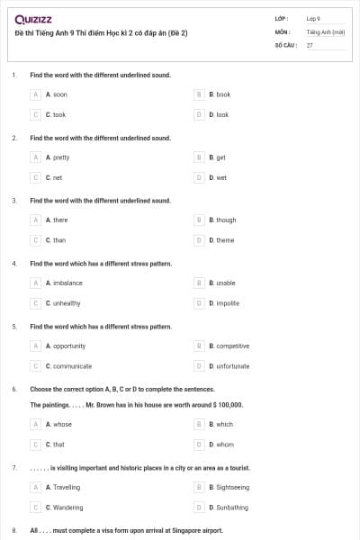 Đề thi Tiếng Anh 9 Thí điểm Học kì 2 có đáp án (Đề 2)