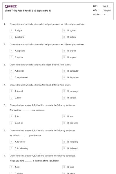 Đề thi Tiếng Anh 8 Học kì 2 có đáp án (Đề 3)