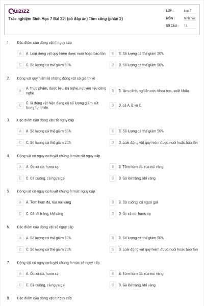 Trắc nghiệm Sinh Học 7 Bài 22: (có đáp án) Tôm sống (phần 2)