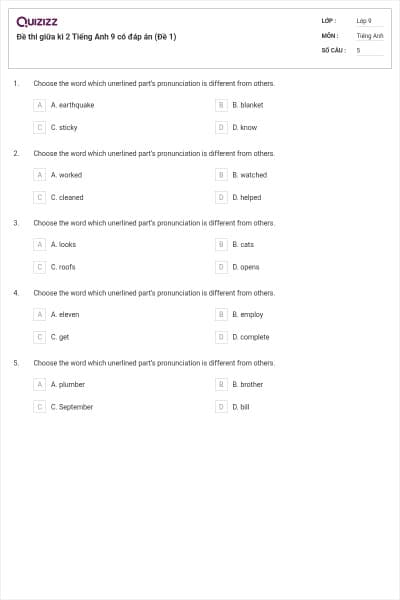 Đề thi giữa kì 2 Tiếng Anh 9 có đáp án (Đề 1)