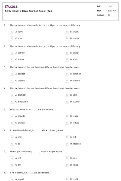 Đề thi giữa kì 2 Tiếng Anh 9 có đáp án (Đề 2)