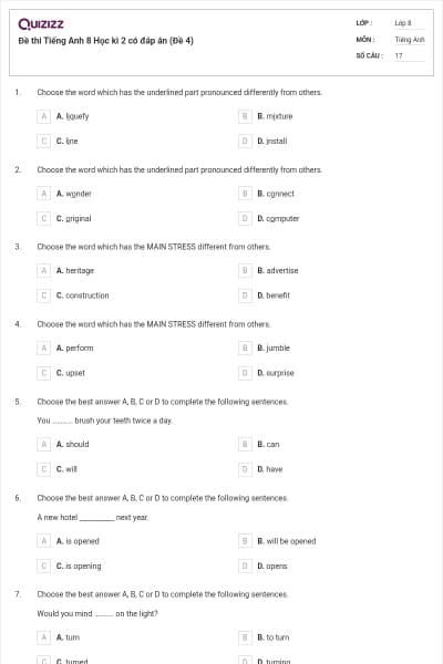 Đề thi Tiếng Anh 8 Học kì 2 có đáp án (Đề 4)