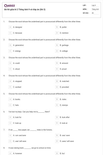 Đề thi giữa kì 2 Tiếng Anh 9 có đáp án (Đề 3)