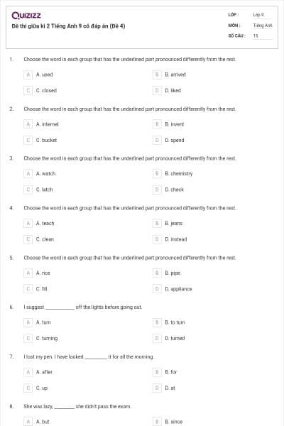 Đề thi giữa kì 2 Tiếng Anh 9 có đáp án (Đề 4)