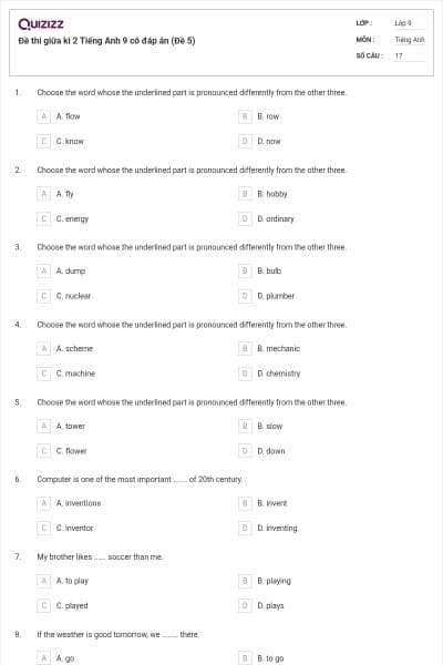 Đề thi giữa kì 2 Tiếng Anh 9 có đáp án (Đề 5)