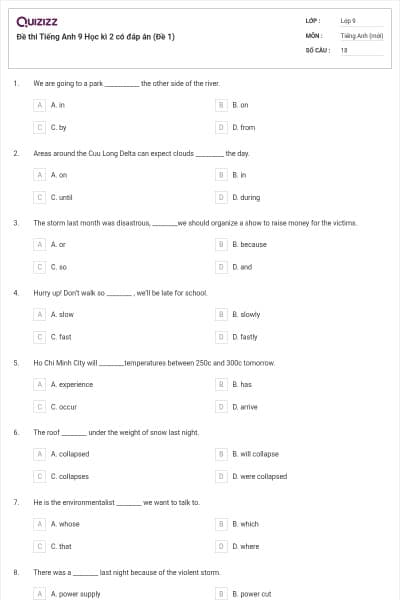 Đề thi Tiếng Anh 9 Học kì 2 có đáp án (Đề 1)