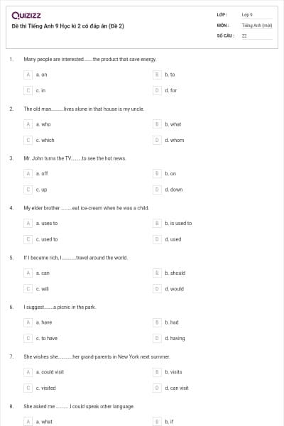 Đề thi Tiếng Anh 9 Học kì 2 có đáp án (Đề 2)