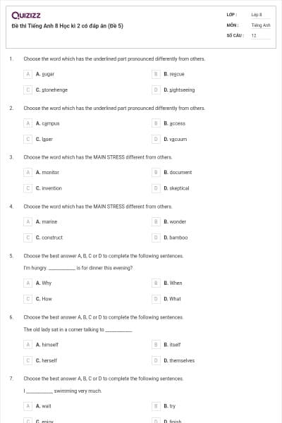 Đề thi Tiếng Anh 8 Học kì 2 có đáp án (Đề 5)