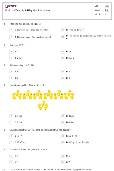 13 bài tập Toán lớp 3: Bảng chia 7 có đáp án