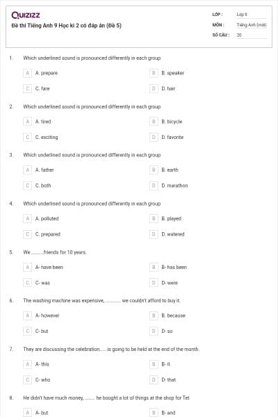 Đề thi Tiếng Anh 9 Học kì 2 có đáp án (Đề 5)