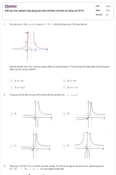 200 câu trắc nghiệm Ứng dụng đạo hàm để khảo sát hàm số nâng cao (P10)