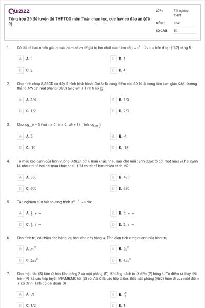 Tổng hợp 25 đề luyện thi THPTQG môn Toán chọn lọc, cực hay có đáp án (đề 9)