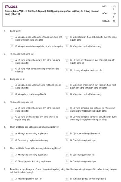 Trắc nghiệm Vật Lí 7 Bài 3(có đáp án): Bài tập ứng dụng định luật truyền thẳng của ánh sáng (phần 2)