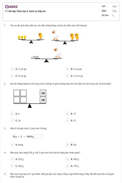 11 bài tập Toán lớp 3: Gam có đáp án