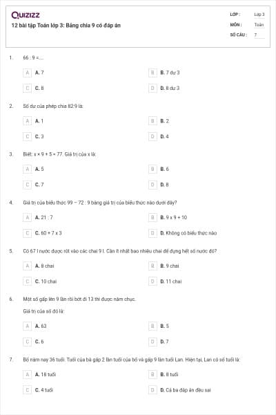 12 bài tập Toán lớp 3: Bảng chia 9 có đáp án