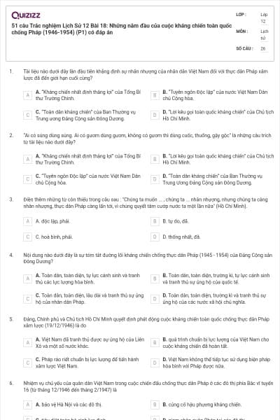 51 câu Trắc nghiệm Lịch Sử 12 Bài 18: Những năm đầu của cuộc kháng chiến toàn quốc chống Pháp (1946-1954) (P1) có đáp án