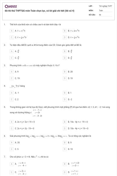 Đề thi thử THPTQG môn Toán chọn lọc, có lời giải chi tiết (Đề số 4)