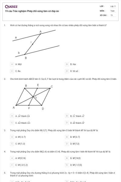 19 câu Trắc nghiệm Phép đối xứng tâm có đáp án