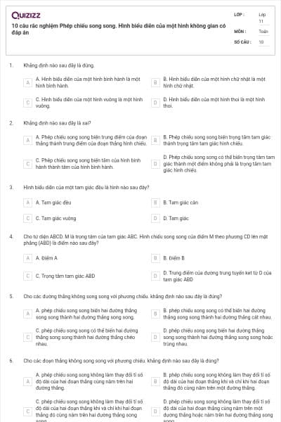 10 câu rắc nghiệm Phép chiếu song song. Hình biểu diễn của một hình không gian có đáp án
