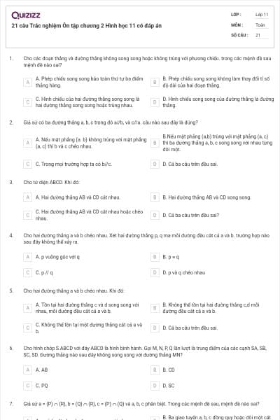 21 câu Trắc nghiệm Ôn tập chương 2 Hình học 11 có đáp án