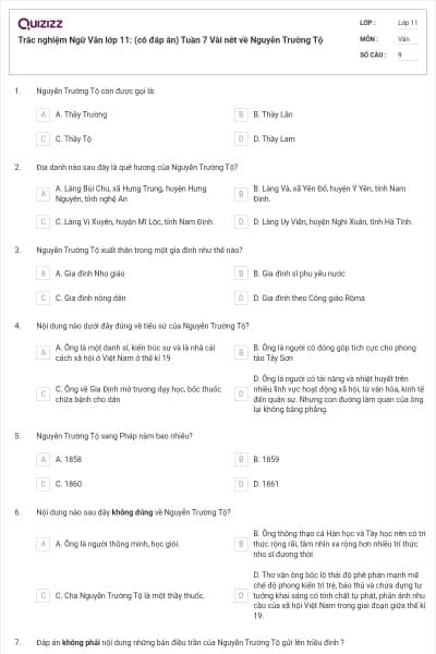 Trắc nghiệm Ngữ Văn lớp 11: (có đáp án) Tuần 7 Vài nét về Nguyễn Trường Tộ