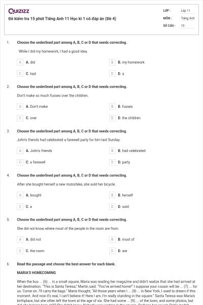 Đề kiểm tra 15 phút Tiếng Anh 11 Học kì 1 có đáp án (Đề 4)