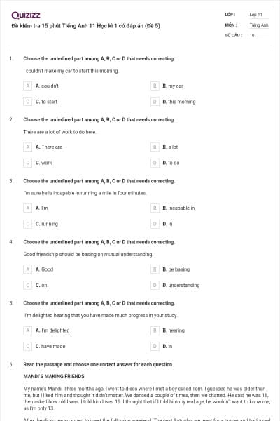 Đề kiểm tra 15 phút Tiếng Anh 11 Học kì 1 có đáp án (Đề 5)