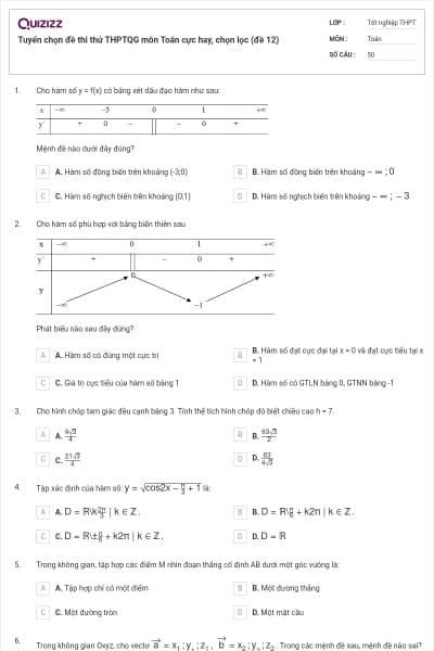 Tuyển chọn đề thi thử THPTQG môn Toán cực hay, chọn lọc (đề 12)