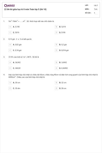 22 Đề thi giữa học kì II môn Toán lớp 5 (Đề 18)