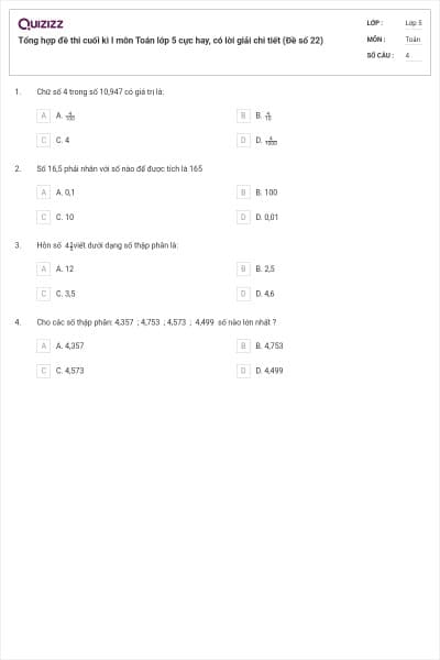Tổng hợp đề thi cuối kì I môn Toán lớp 5 cực hay, có lời giải chi tiết (Đề số 22)