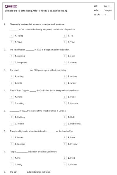 Đề kiểm tra 15 phút Tiếng Anh 11 Học kì 2 có đáp án (Đề 4)