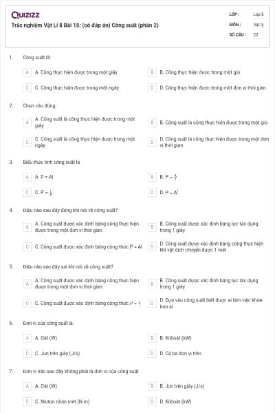 Trắc nghiệm Vật Lí 8 Bài 15: (có đáp án) Công suất (phần 2)