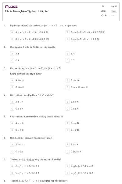 25 câu Trắc nghiệm Tập hợp có đáp án
