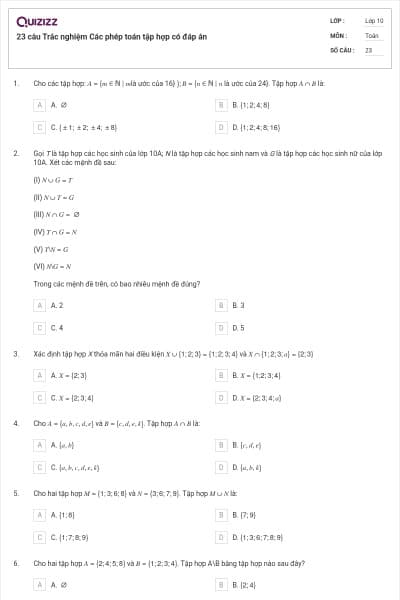 23 câu Trắc nghiệm Các phép toán tập hợp có đáp án