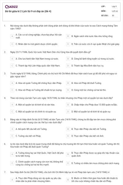 Đề thi giữa kì 2 Lịch Sử 9 có đáp án (Đề 4)