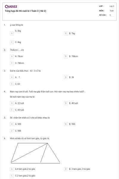 Tổng hợp đề thi cuối kì I Toán 3 ( Đề 2)
