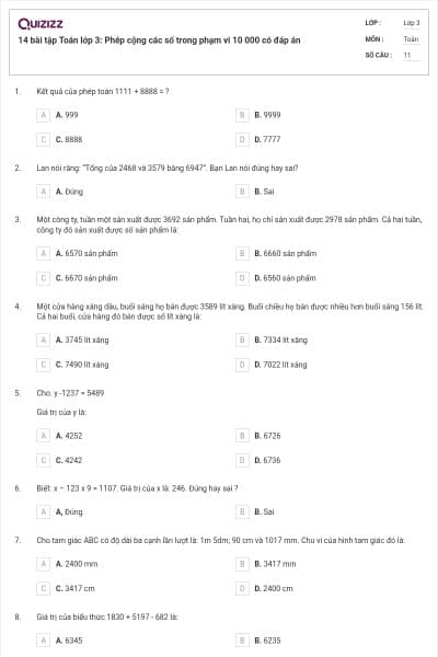 14 bài tập Toán lớp 3: Phép cộng các số trong phạm vi 10 000 có đáp án