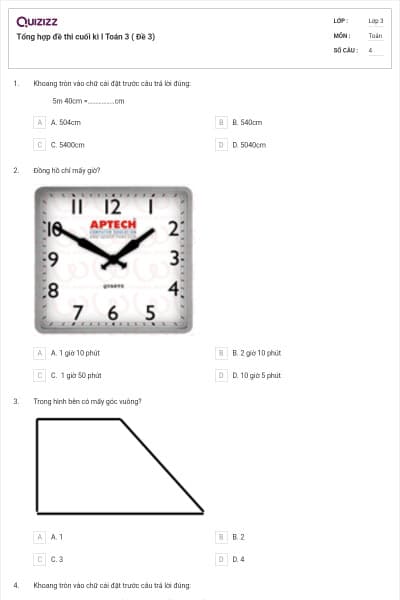 Tổng hợp đề thi cuối kì I Toán 3 ( Đề 3)