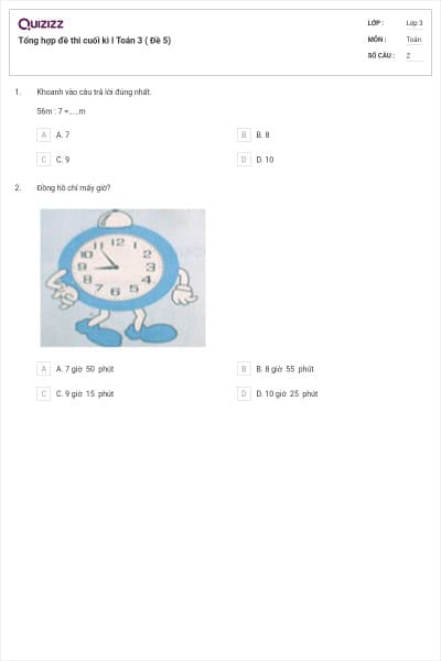 Tổng hợp đề thi cuối kì I Toán 3 ( Đề 5)