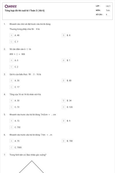 Tổng hợp đề thi cuối kì I Toán 3 ( Đề 6)